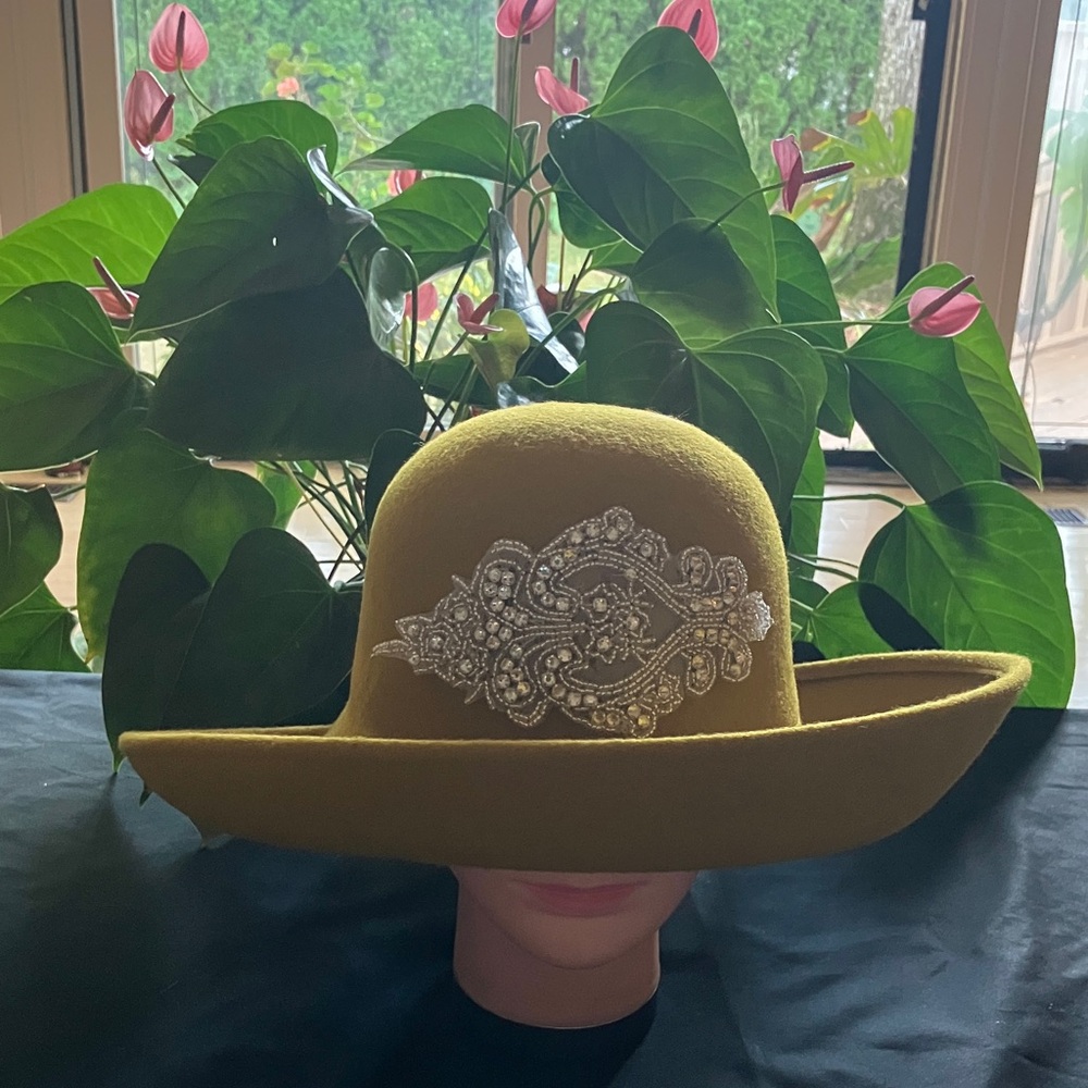Elegant Mustard Yellow Wool Hat with Silver Rhinestone Beaded Embellishment